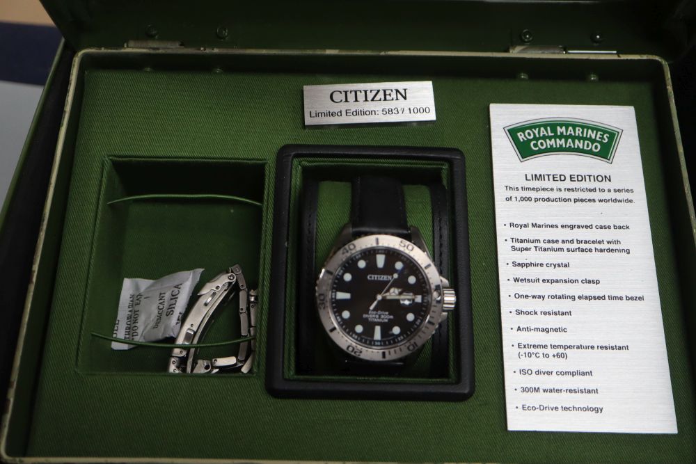 A gentlemans modern limited edition (583/1000) Citizen Eco Drive Royal Marine Commando wrist watch